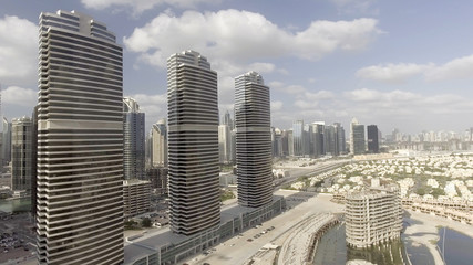 Aerial view of Dubai skyscrapers along Jumeirah Lake Towers