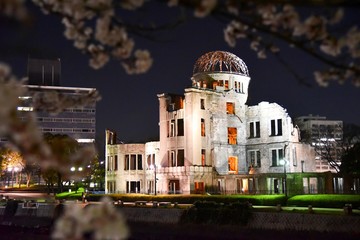 Atomic Bomb Dome with Cherry Blossom Flowers in the Foreground at Night