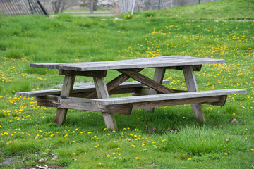 Picnic wooden table with benches in picnick and bbq family area in the park.