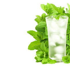 iced mint water and fresh leaves