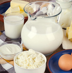 Fresh Milk products on   wooden background.