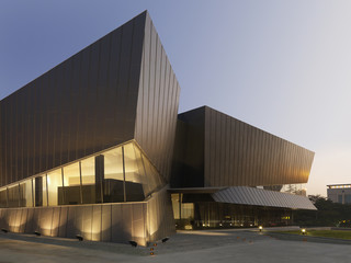 Exterior view of illuminated modern building