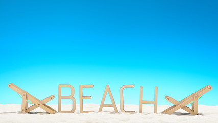 The word BEACH and two sunbeds at the beach on background of blue sky