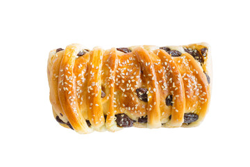 white sesami and raisins bread on white wood., clipping path included