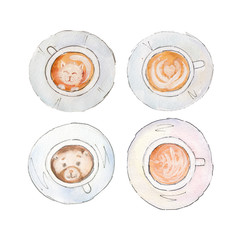 The coffee cups set with  latteart isolated on white background, watercolor illustration in hand-drawn style.