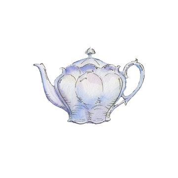 The classic teapot isolated on white background, watercolor illustration in hand-drawn style.