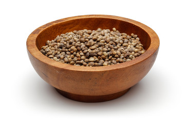 Hemp seeds in wooden bowl