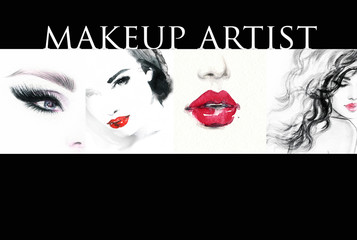 Collage. Make up. Beautiful woman. Fashion illustration. 