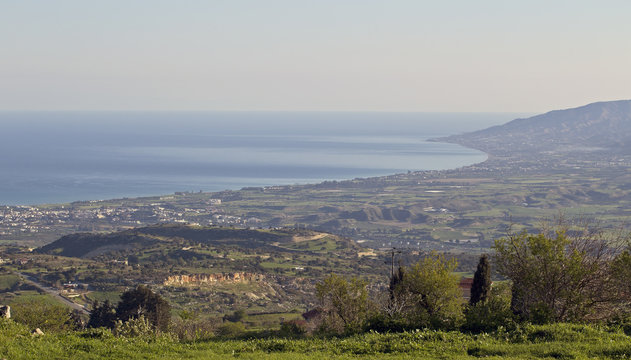 Early morning light  over Chrysochou Bay and the Mediterranean Sea to Pomos Point from Droushia, Paphos, Cyprus.