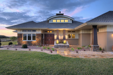 Front elevation custom home with landscaping