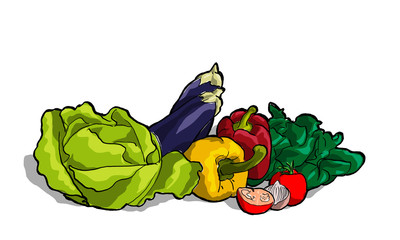 Illustrazione di verdura, insalata, peperoni, pomodori, spinaci, melanzane