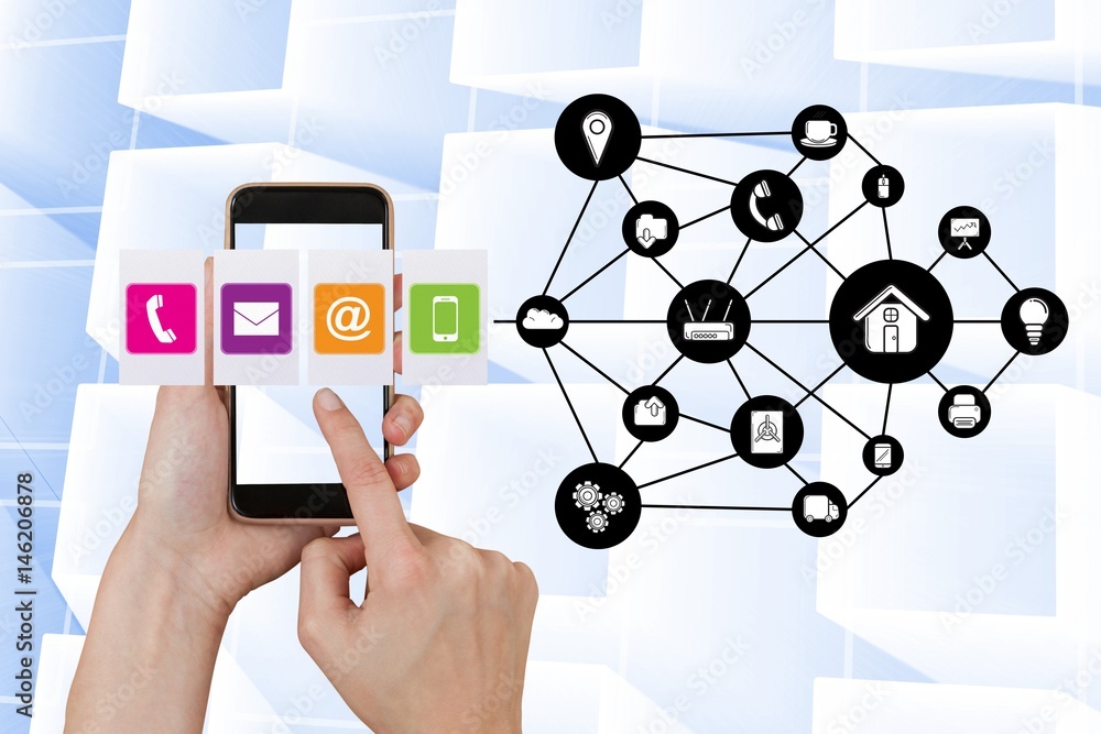 Poster close-up of hands using various apps on smart phone by icons