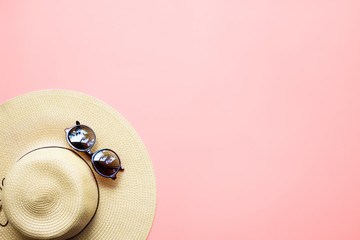 Straw Beach Woman Hat Sun Glasses Top View Pink