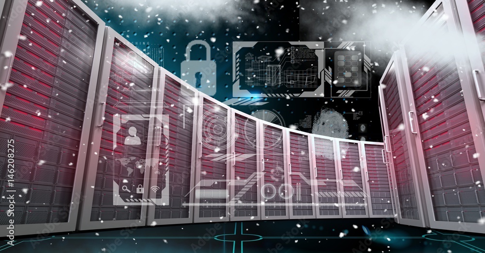 Poster digital composite image of servers with icons
