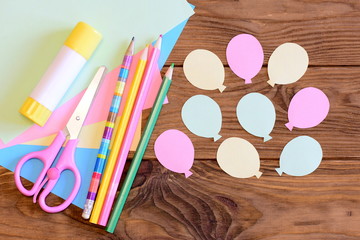 Creating a paper card with balloons. Step. Guide for kids. Air day or birthday card idea. Balloons...