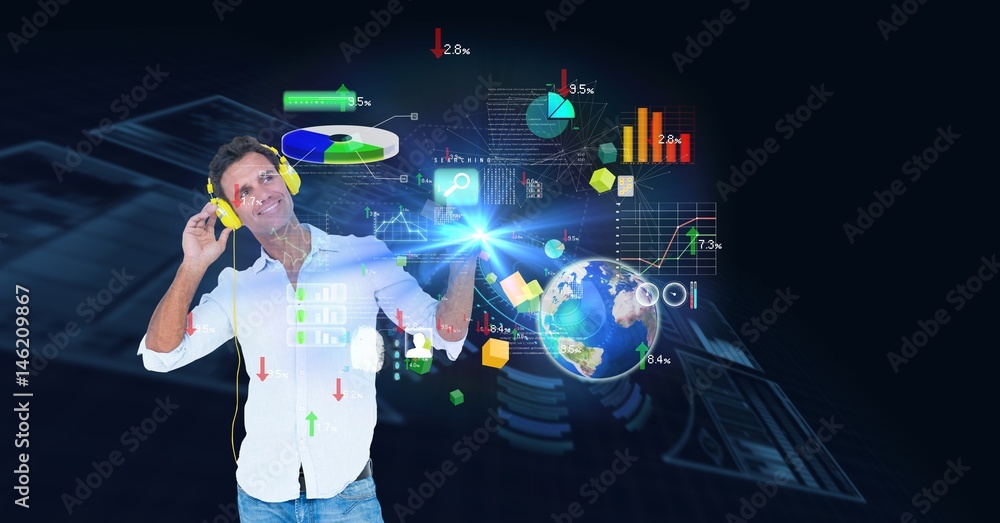 Poster smiling man using headphones while looking at virtual screen