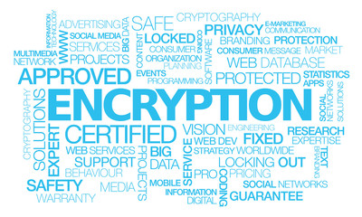 Fototapeta premium Encryption blue words tag cloud blue text cryptography word data protection security white background