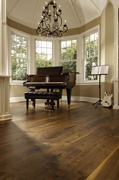 Grand piano in room with many windows