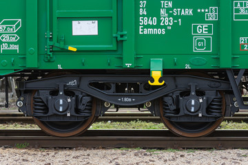 Burgas, Bulgaria - March 20, 2017 - Freight cargo train Wheels- 4axled box wagon green Type:Eanos...