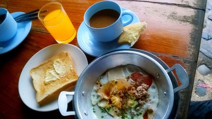 Vegan breakfast, egg, orange juice In Chiang Khan Thailand