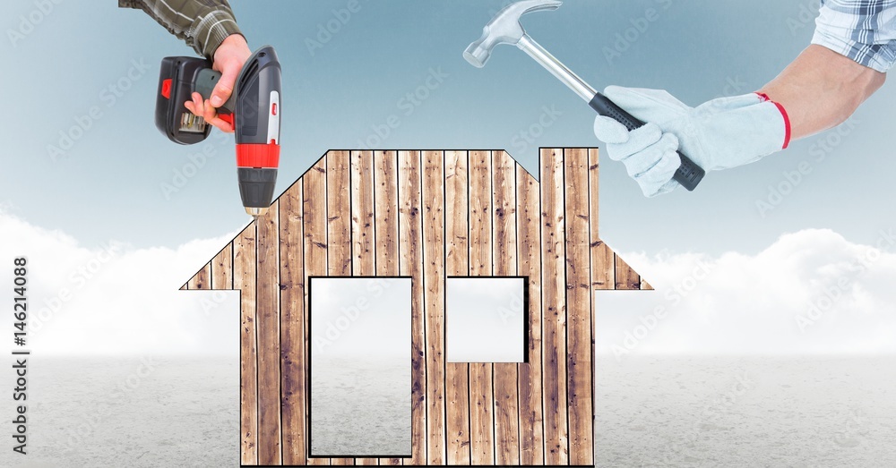 Poster digital composite image of hands using tools on house