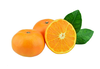 Orange fruit with half and leaves isolated on white background