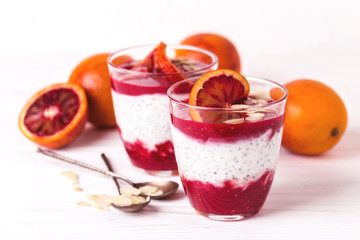 Chia pudding with fresh bloody orange and jam