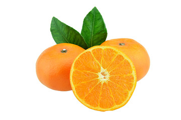 Orange fruit with half and leaves isolated on white background