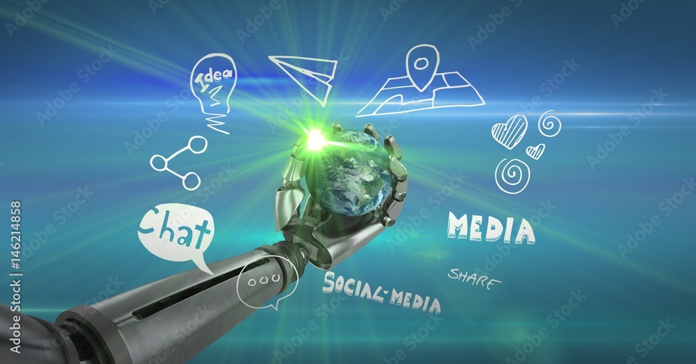 Poster digital composite image of robot holding globe by text and icons