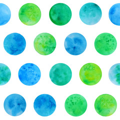 Hand drawn watrcolor circles of blue, green and yellow colors pattern on the white background