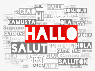 Hallo (Hello Greeting in German) word cloud in different languages of the world, background concept