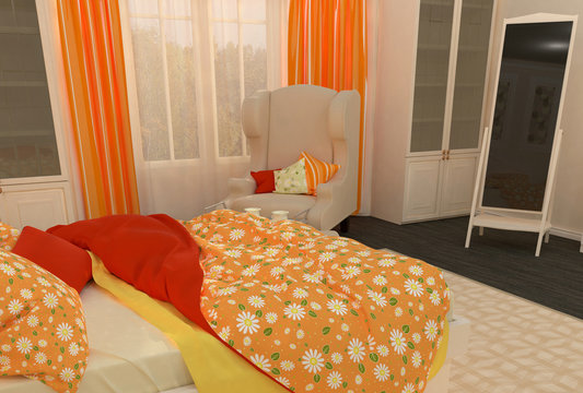 Cozy Bedroom In Beige And Orange Colors