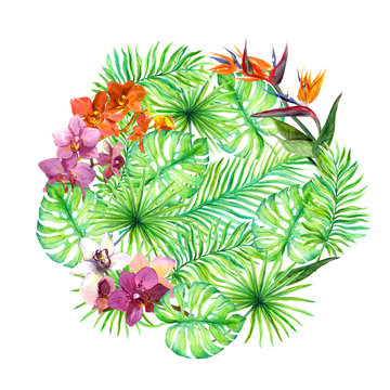 Tropical leaves, exotic flowers. Round background. Watercolor