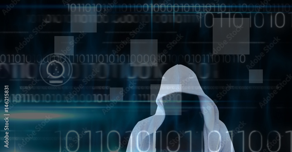 Poster digital composite image of hacker on screen