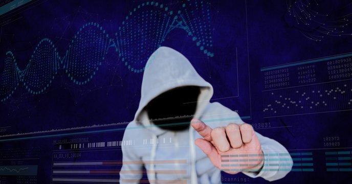 Digital composite image of hacker touching screen
