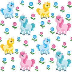 Obraz premium Fairy children seamless pattern with the image of cute unicorns. Colorful vector background