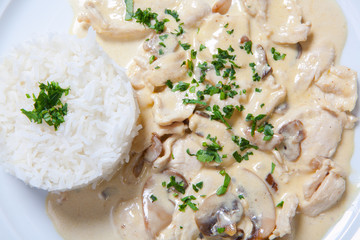 stewed chicken with white rice and mashroom sauce