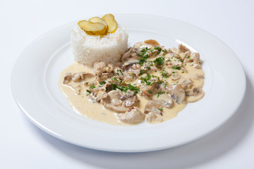 stewed chicken with white rice and mashroom sauce