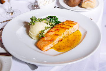 Grilled Salmon Steak with Spinach,Mash potato, souse