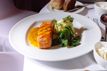 Grilled Salmon Steak with Spinach,Mash potato, souse