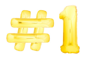 Golden number one 1 with hashtag symbol helium air balloon isolated on white background