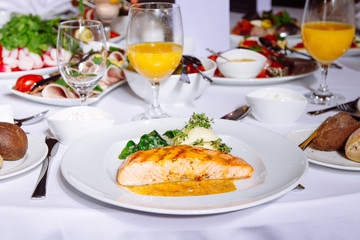 Grilled Salmon Steak with Spinach,Mash potato, souse