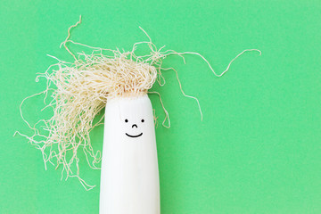 Creative idea for kids - leek vegetable with smiling cartoon face and funny hairstyle on green...