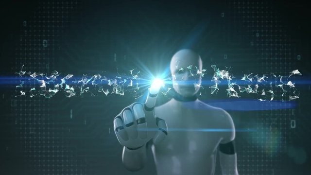 Robot, Cyborg touched screen, Numerous dots gather to create a 'Internet of things' typo, low-polygon web.