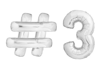 Silver chrome number three 3 with hashtag symbol helium air balloon isolated on white background