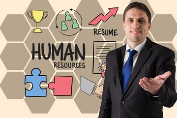 Businessman gesturing by human resource text and icons