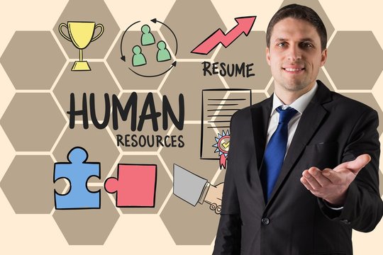 Businessman gesturing by human resource text and icons - Powered by Adobe