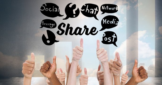 Hands gesturing thumbs up with chat bubbles and graph