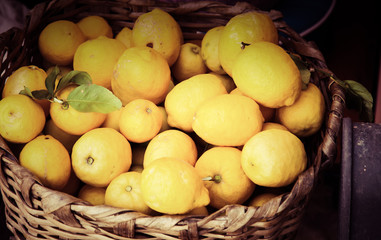 basket of fresh lemons on Amalfi Coast, Italy