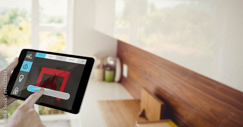 Poster hand using smart home application on tablet computer